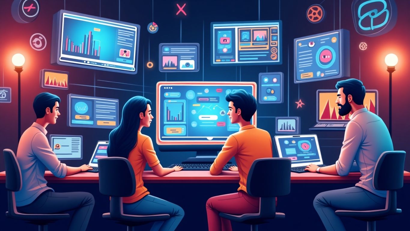 Automated video production tools in action with dynamic visuals.