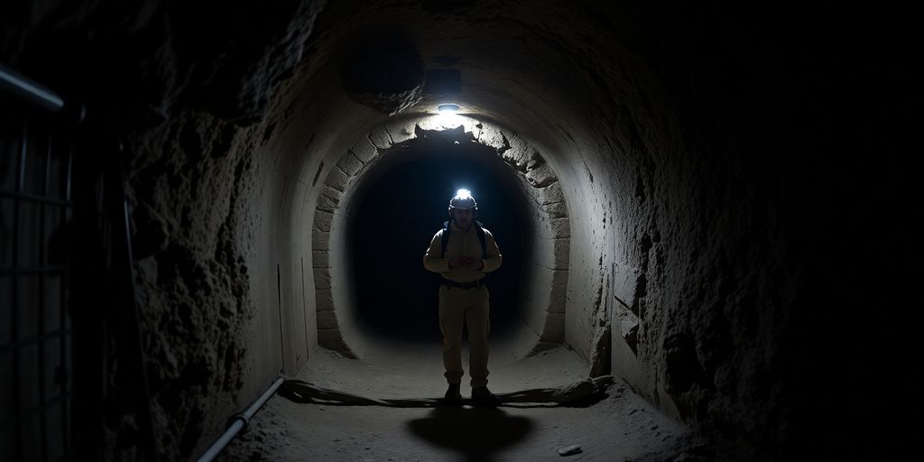 Mineurs explorant une entrée de mine sécurisée et sombre.