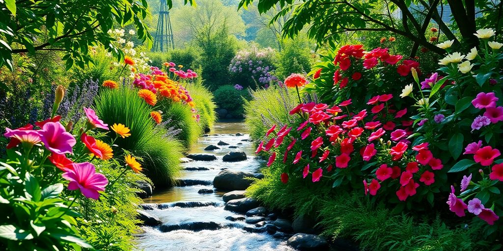 Vibrant garden with lush greenery and colorful flowers.