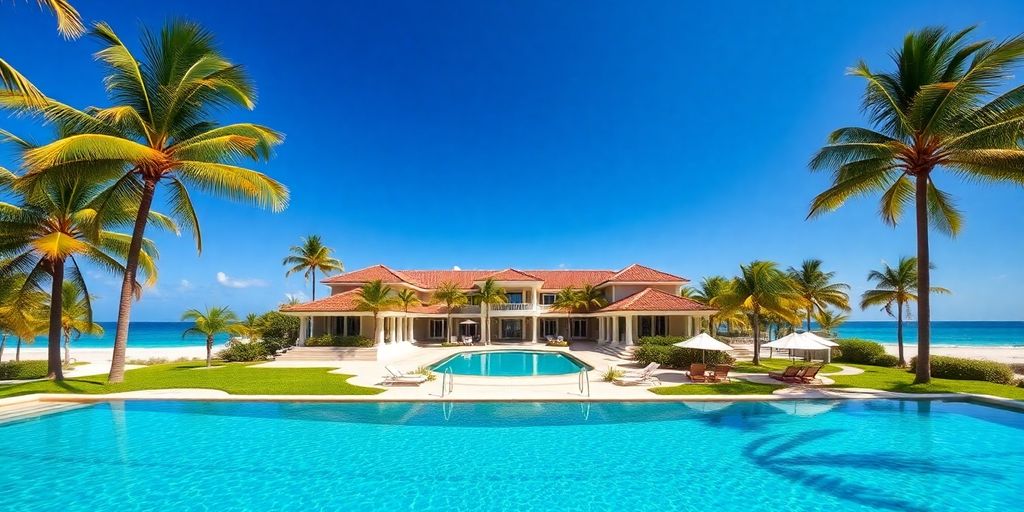 Luxury villa, sparkling pool, tropical plants.