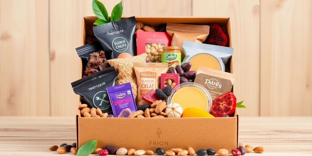 กล่องขนมพรีเมียมที่มีขนมเพื่อสุขภาพหลากหลายชนิด