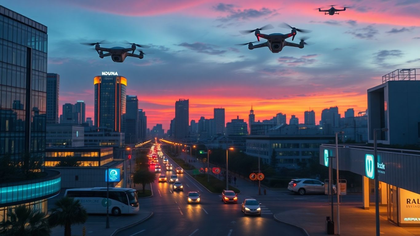 Oraș inteligent cu arhitectură modernă și drone.