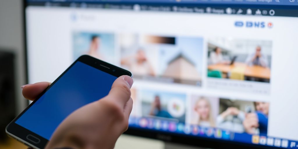 Hand holding smartphone near computer screen.