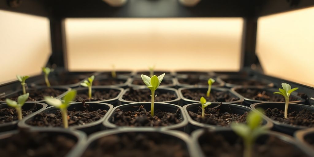 Seedlings sprouting in soil, warm light glowing.