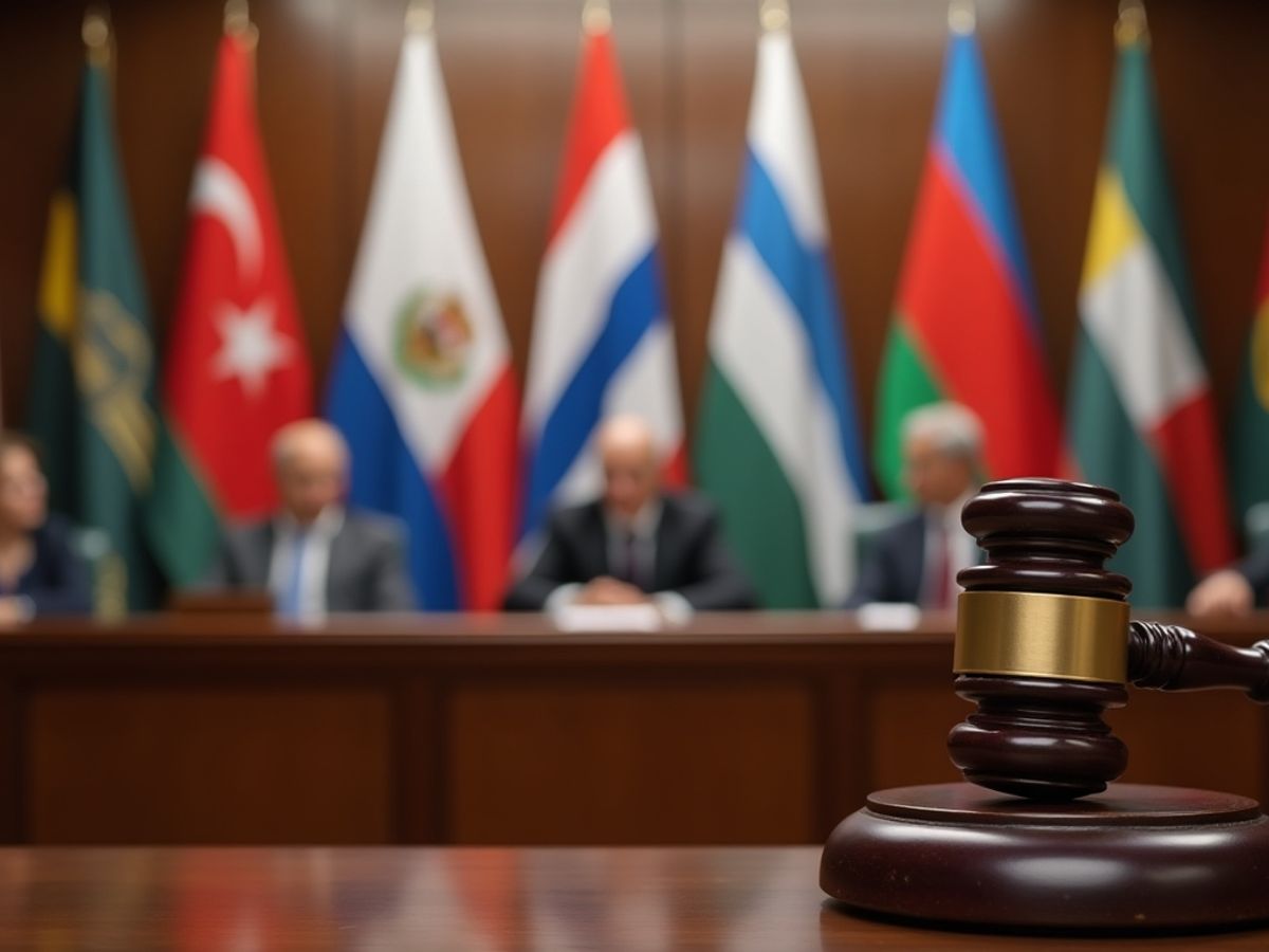 Sală de judecată cu steaguri internaționale.