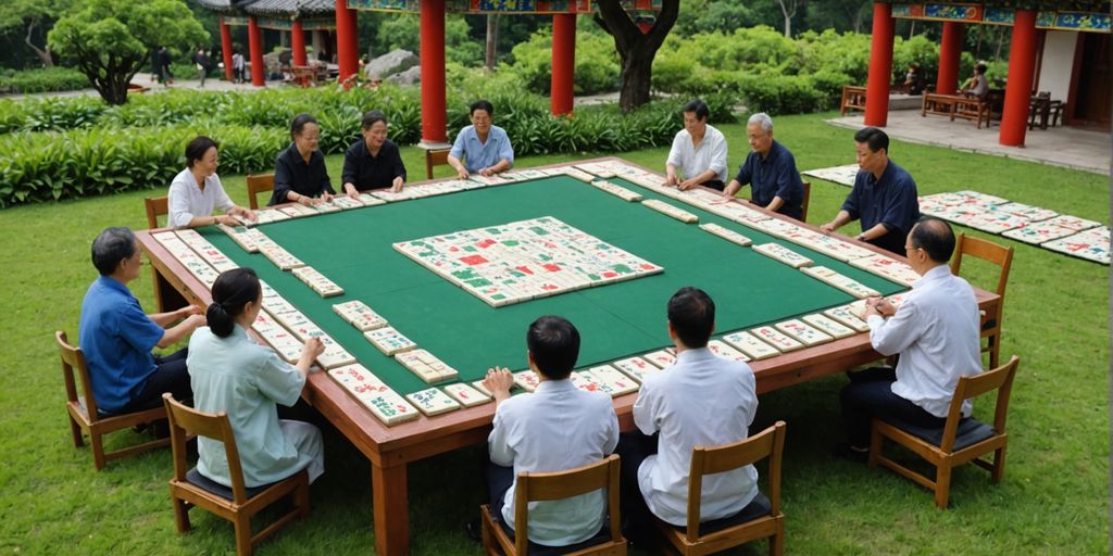 People playing with giant Mahjong tiles outdoors.