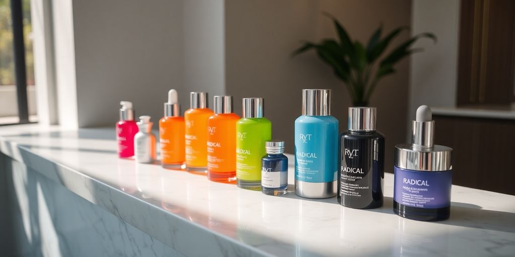 Radical Skincare products beautifully arranged on a countertop.