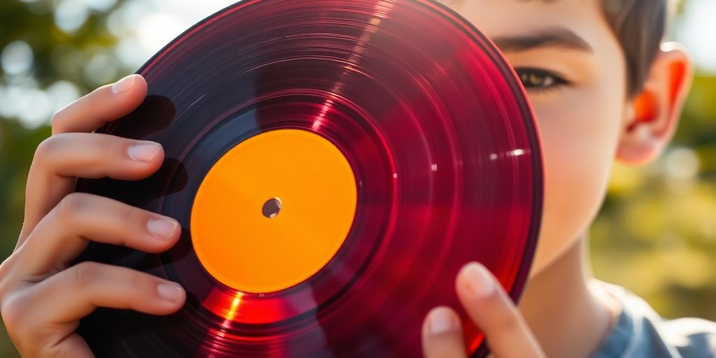 Jeune homme souriant tenant un disque vinyle coloré.