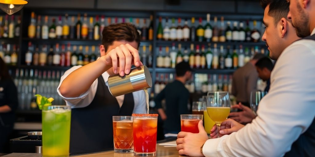 Bartender serving drinks at a bar