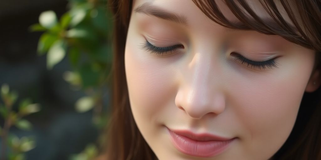Serene person meditating outdoors, calm expression.