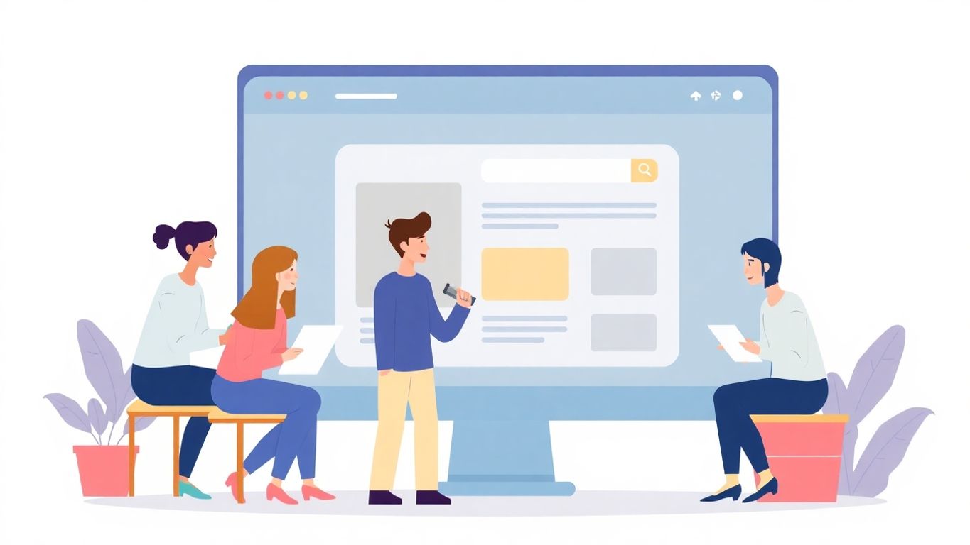 Illustrasjon av kunder som interagerer med en nettside.