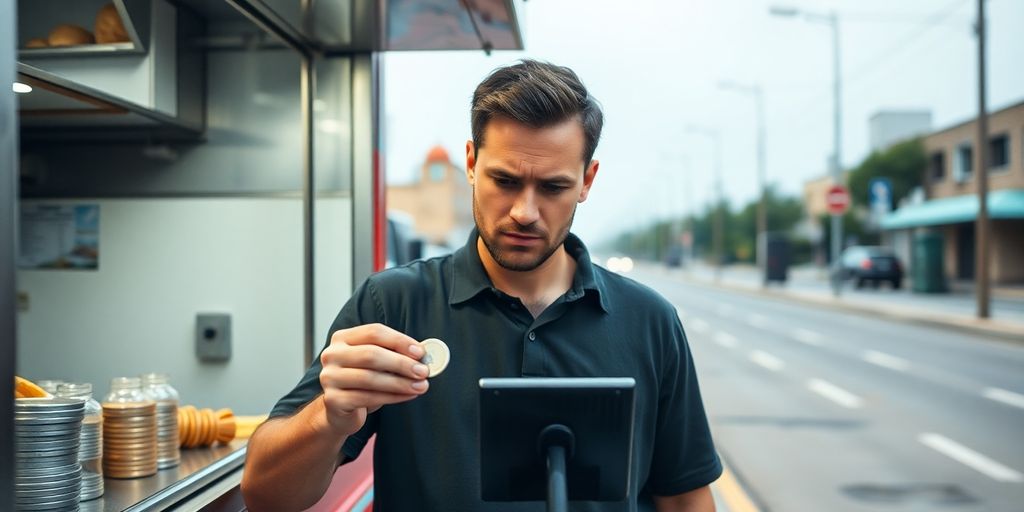 Food truck owner looking stressed at empty cash register.