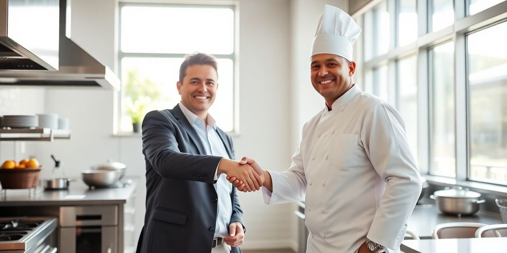 Poignée de main entre chef et manager dans une cuisine