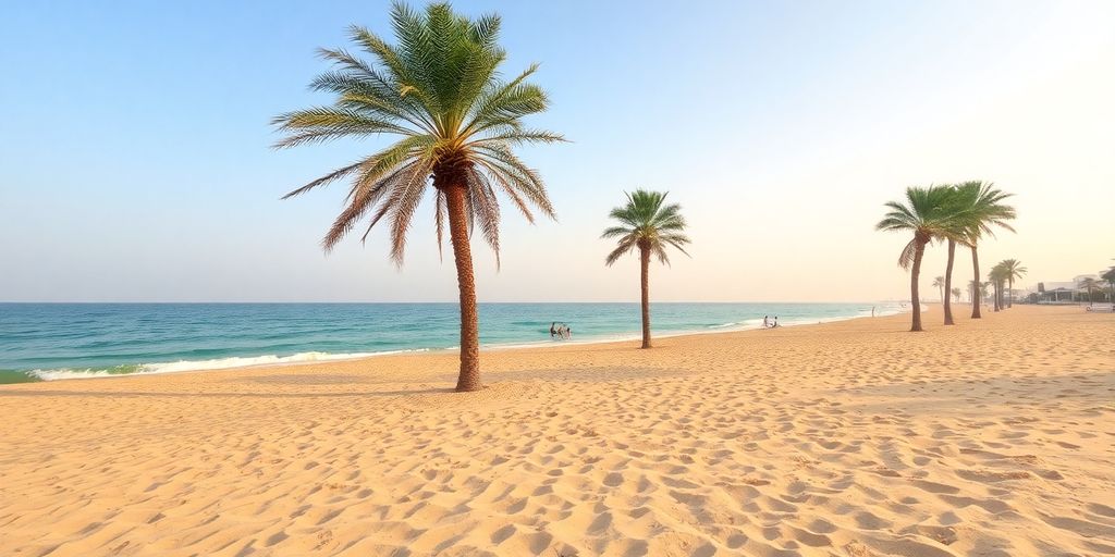 Beachfront hotels in Abu Dhabi with palm trees and sand.