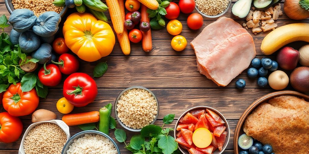 Table with colorful healthy food.