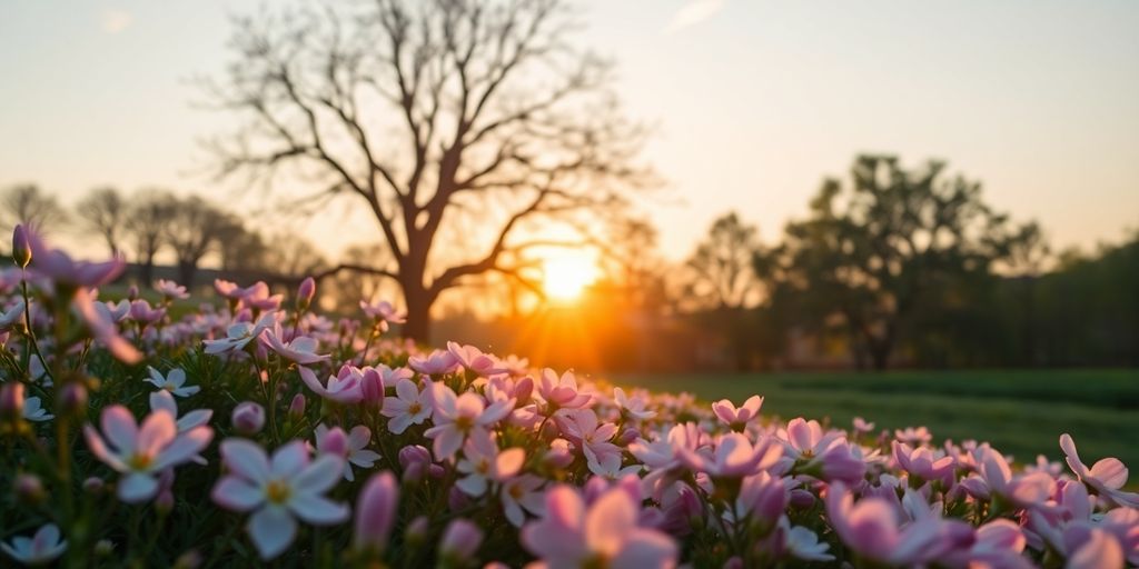 Silhouette landscape with flowers and soft sunrise colors.