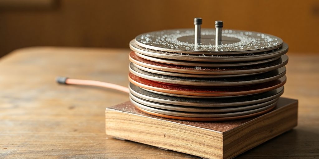 Vintage voltaic pile battery with stacked copper and zinc discs.