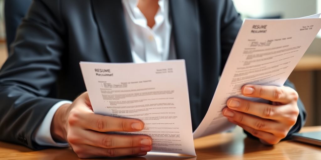 Recruiter reviewing resumes at desk