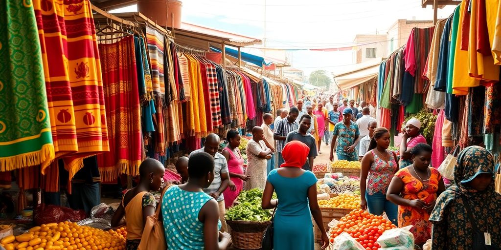 Bustling market scene in Liberia with vibrant colors.
