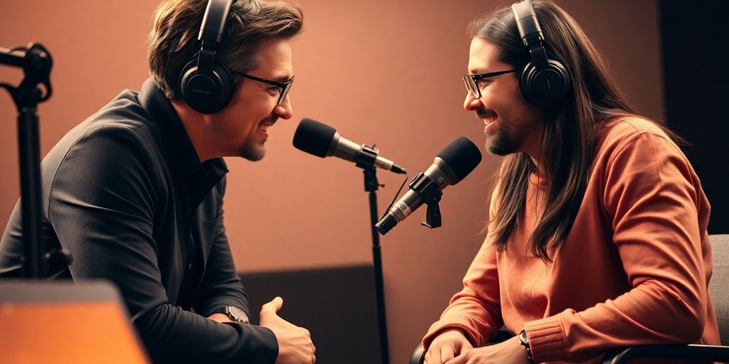 Podcast host interviewing guest with microphones.