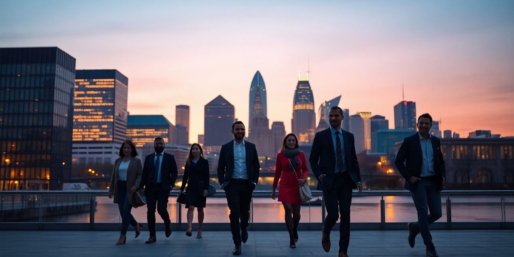 Indianapolis skyline with job seekers walking