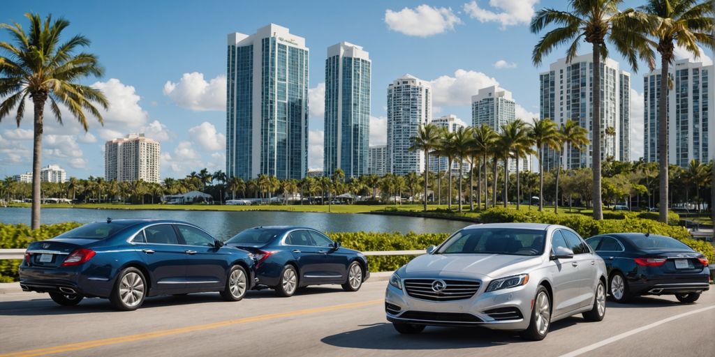 Rental cars near Aventura waterfront with palm trees.