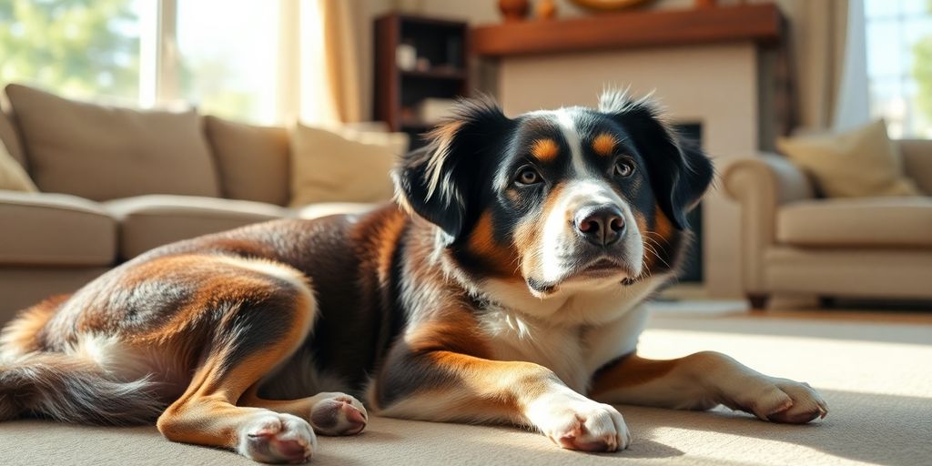 Calm dog resting in a serene, comfortable home environment.