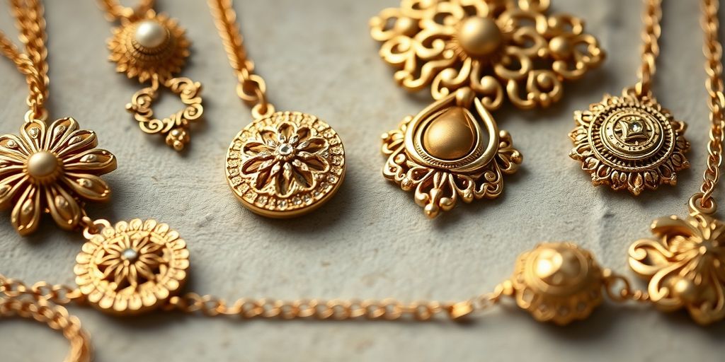 Bijoux en or vintage exposés élégamment sur un fond doux.