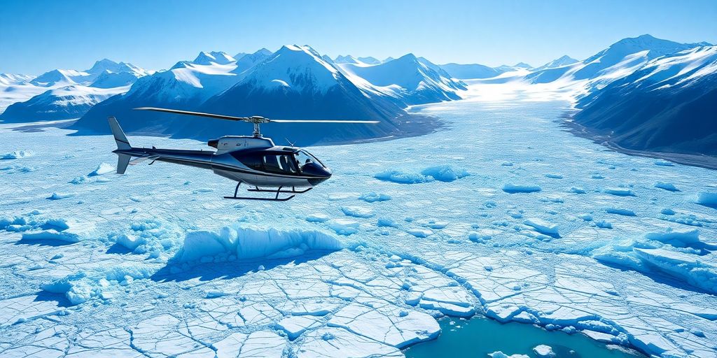A helicopter flying over a massive Alaskan glacier and mountains.