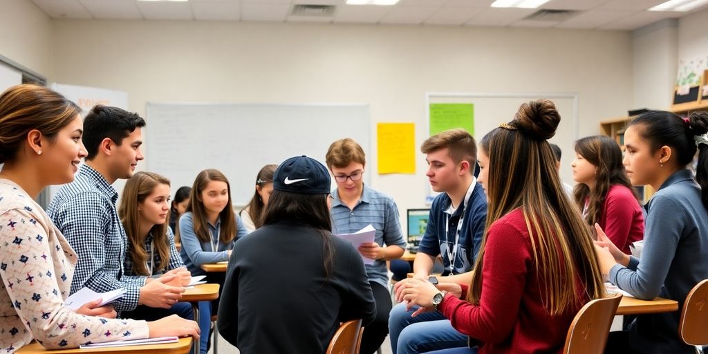 Class with students working in groups, teachers present.