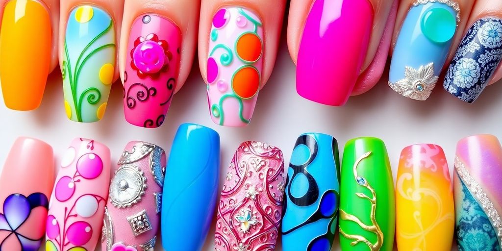 Unhas decoradas com designs variados e cores vibrantes.