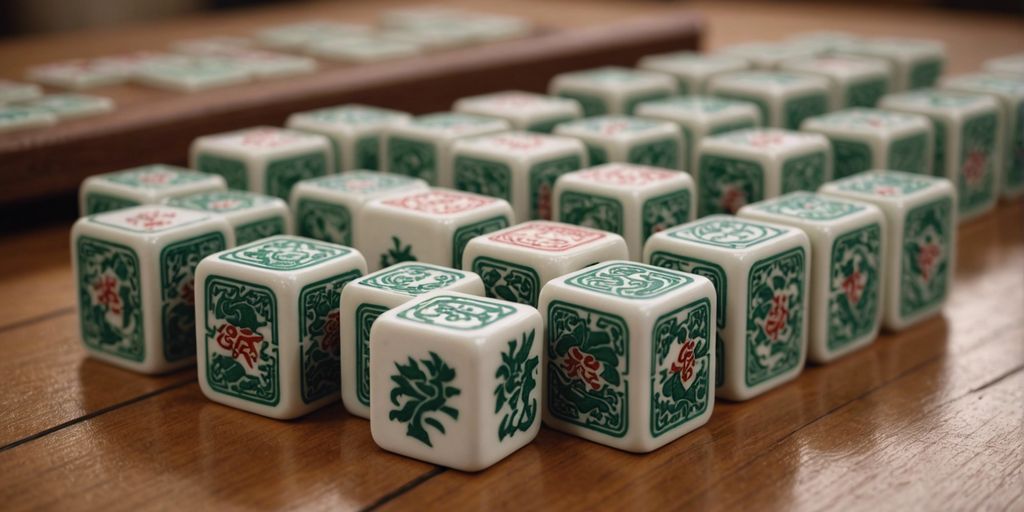 Close-up of Mahjong dragon tiles on a wooden table, showcasing the intricate designs and vibrant colors.