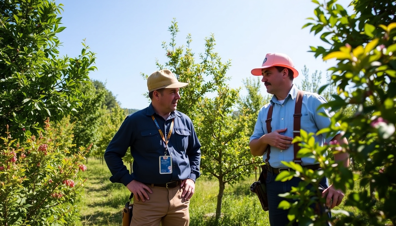 Tree surgeons assessing trees in a vibrant landscape.