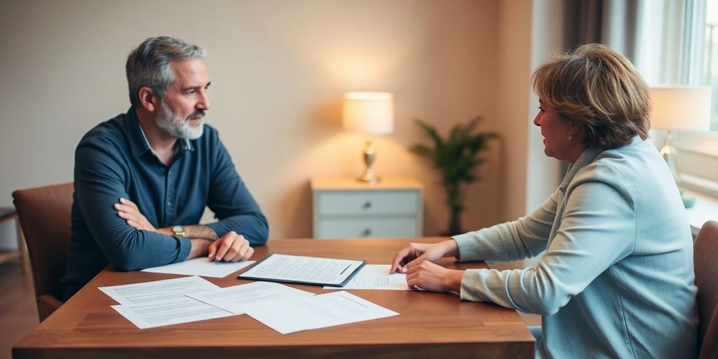 Couple discussing asset division in a divorce setting.