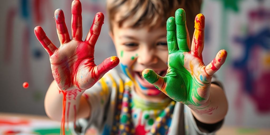 Child happily splattering colorful paint.