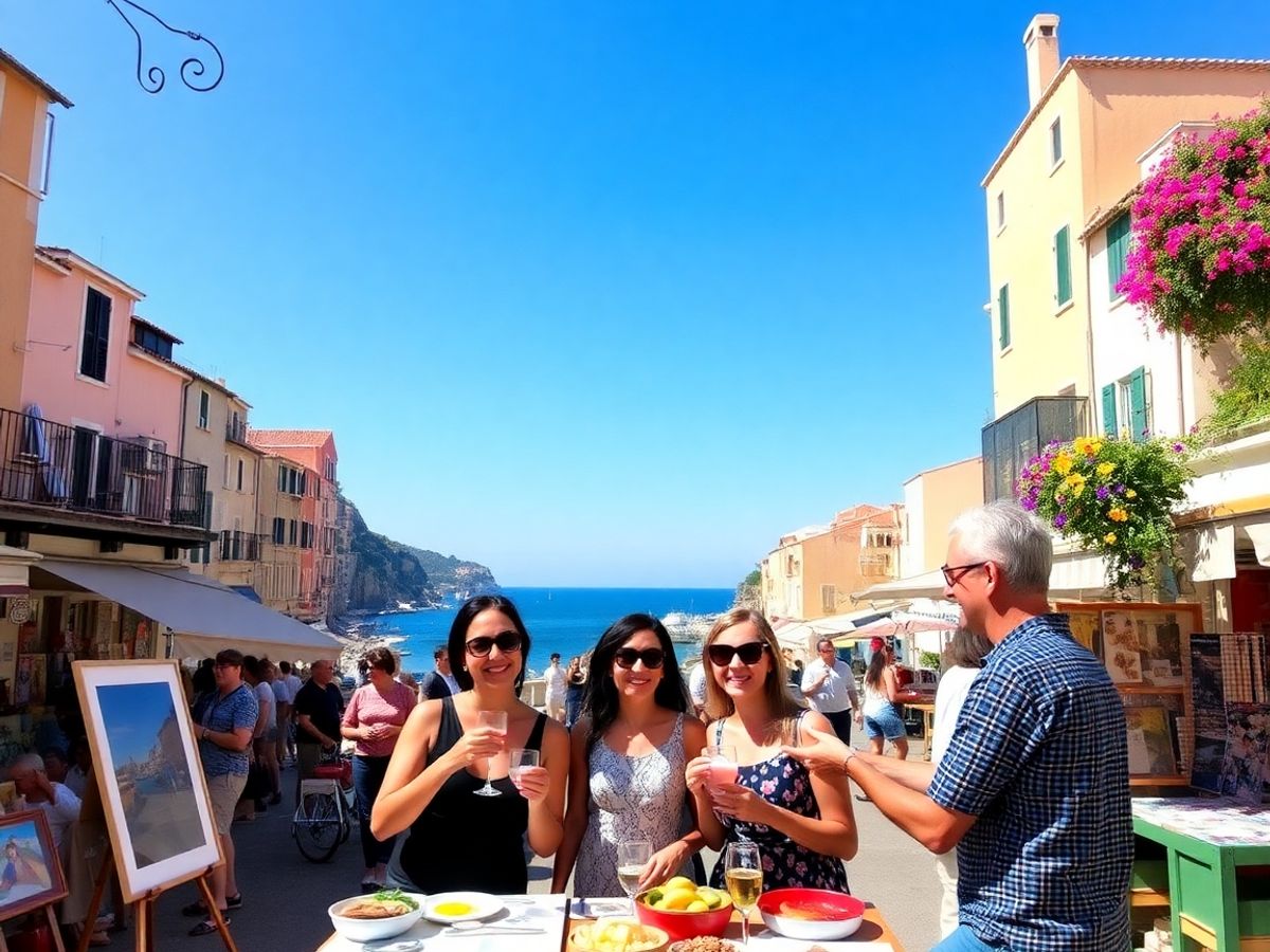 Famille profitant de l'art et de la nourriture à Collioure sous le soleil.