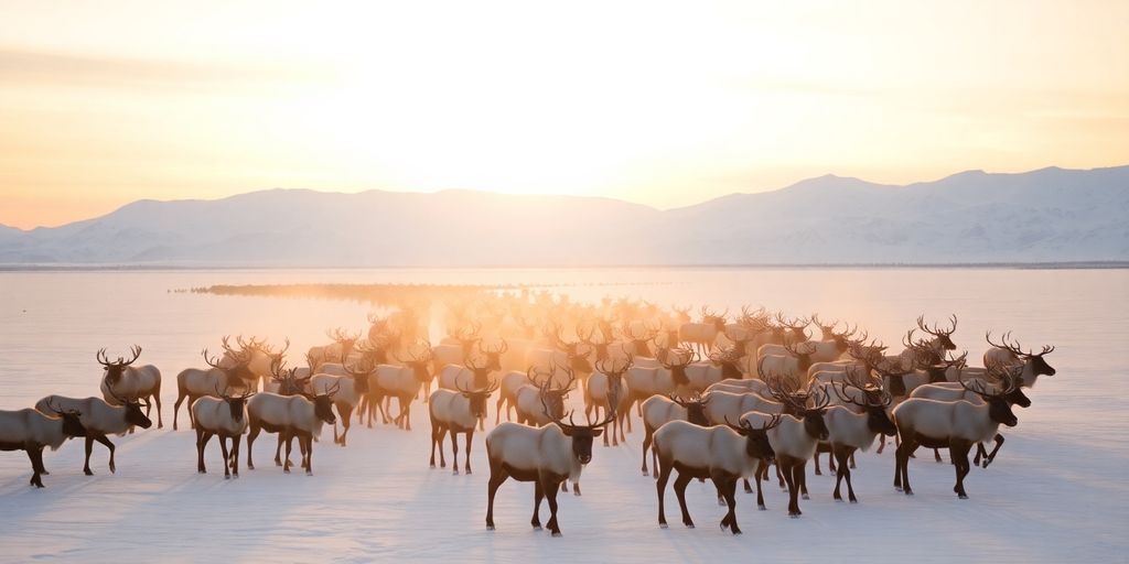 Caribou herd crosses snowy Alaskan tundra at sunset.