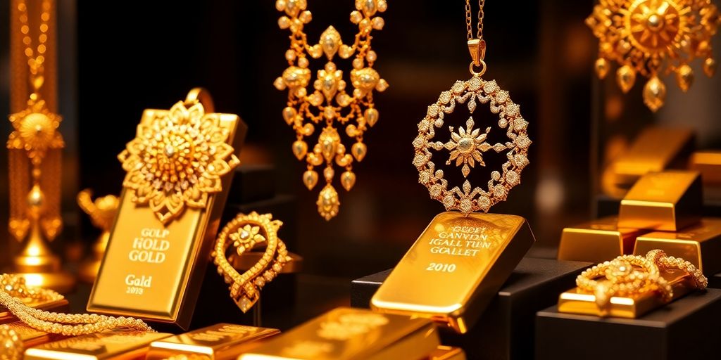 Bijoux en or et lingots brillants sur une surface élégante.