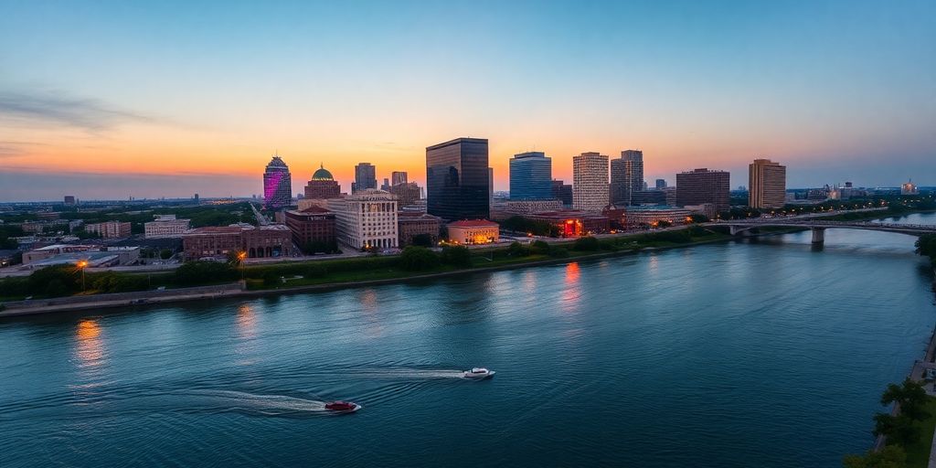 Laredo, Texas city skyline at sunset with Rio Grande.