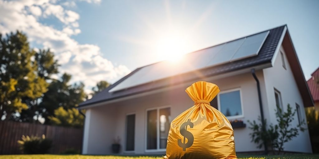Sun on a house roof with a money bag.