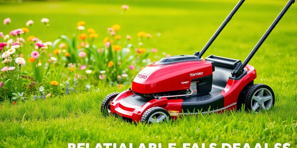 Toro lawn mower in a blooming spring landscape.