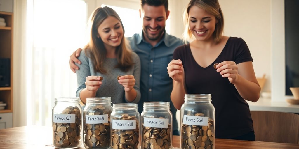 Australian couple planning finances with coin jars.