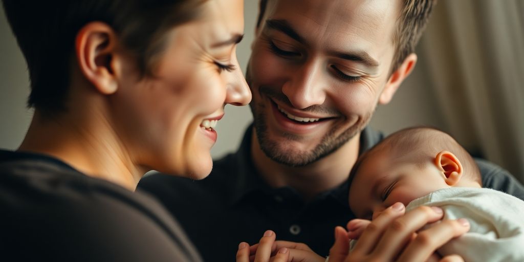 Couple with baby, holding hands, smiling softly.