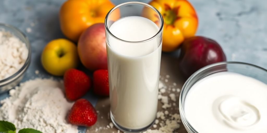 Low-fat milk and cream in a kitchen setting.