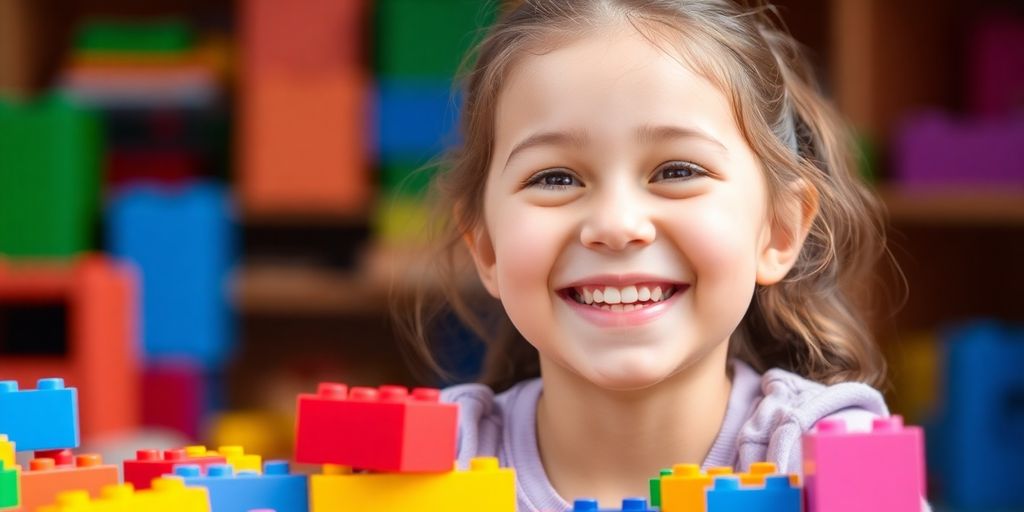 Child smiling, holding colorful building blocks.