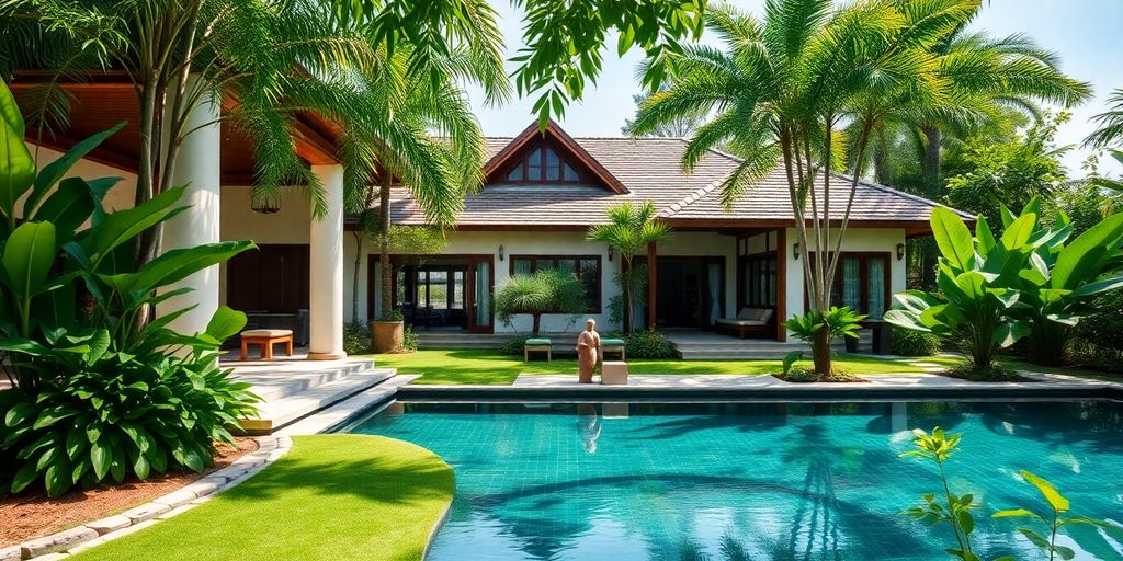 Luxurious Thai villa surrounded by tropical landscaping.