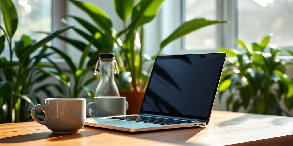 Laptop, coffee cup, plants, remote work setup.