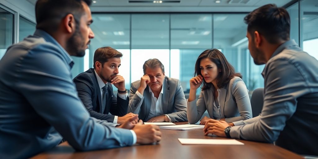 Reunião tensa entre profissionais em escritório moderno.