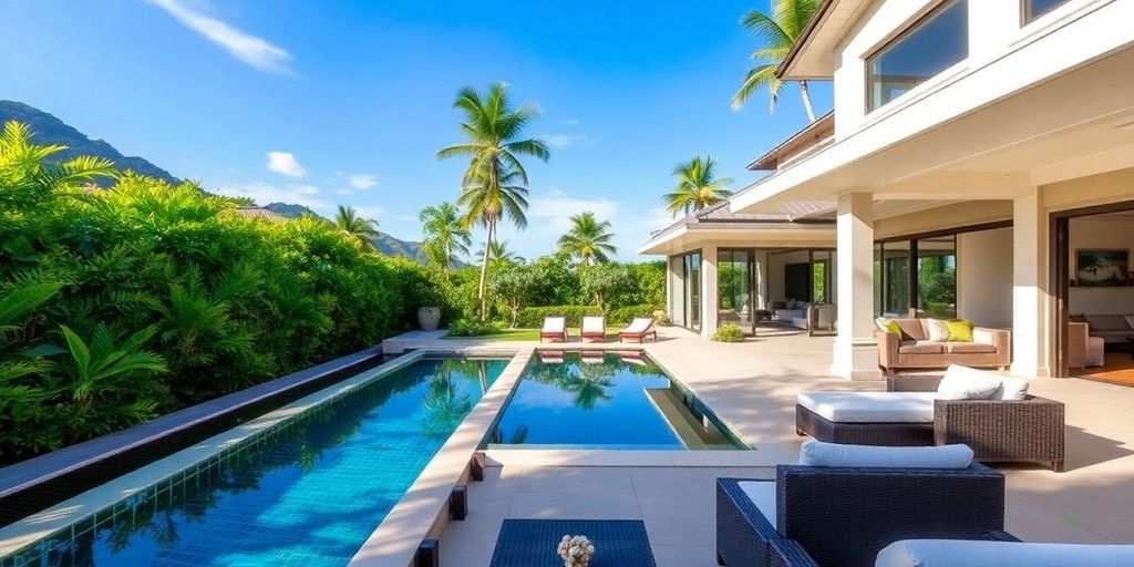 Luxury villa in Phuket with pool and greenery.