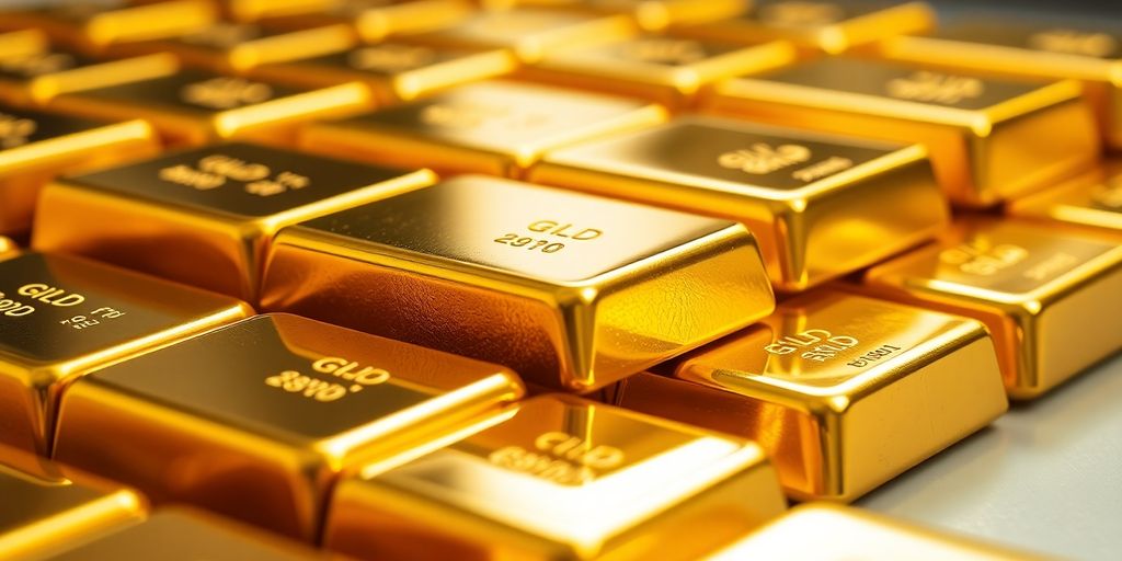 Lingots d'or empilés dans une lumière douce.